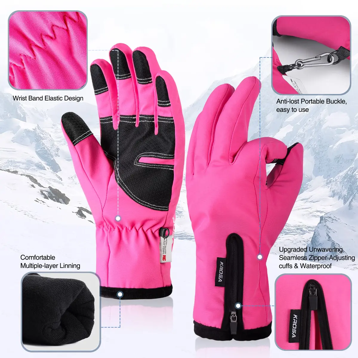 krosa -10℉ Winter Gloves for Men Women Made with 3M Thinsulate | Waterproof Ski Gloves for Cold Weather with 10 Touchscreen Fingers - view 5
