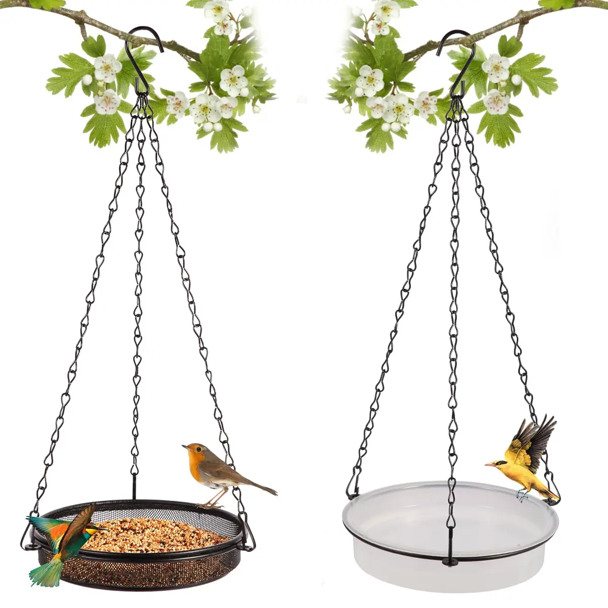 HRAYLTOP 2-in-1 Set Hanging Bird Feeder and Bath for Outdoor, Small Metal Tray | Durable Stainless Steel & Transparent Water Bowl - main product image