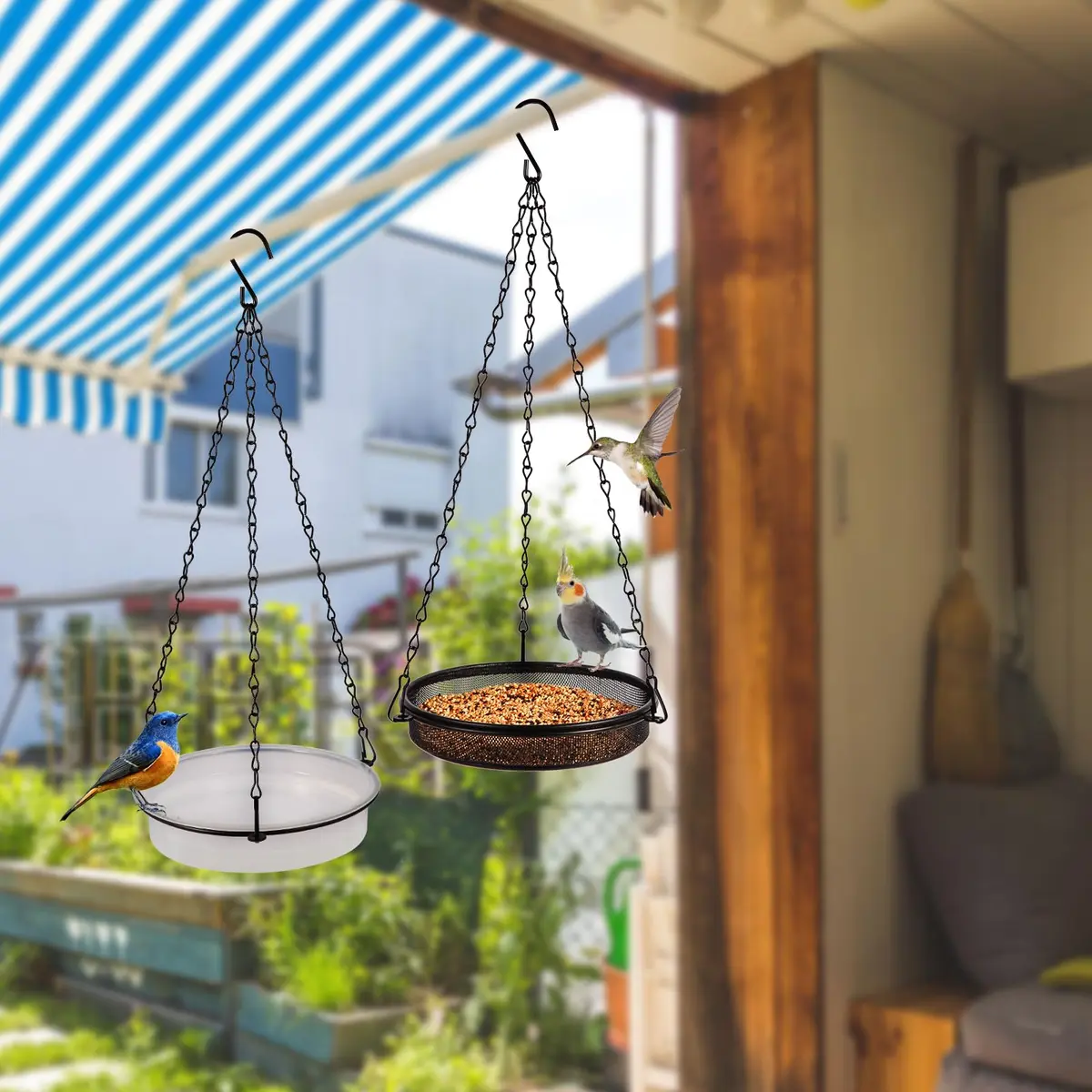 HRAYLTOP 2-in-1 Set Hanging Bird Feeder and Bath for Outdoor, Small Metal Tray | Durable Stainless Steel & Transparent Water Bowl - view 5