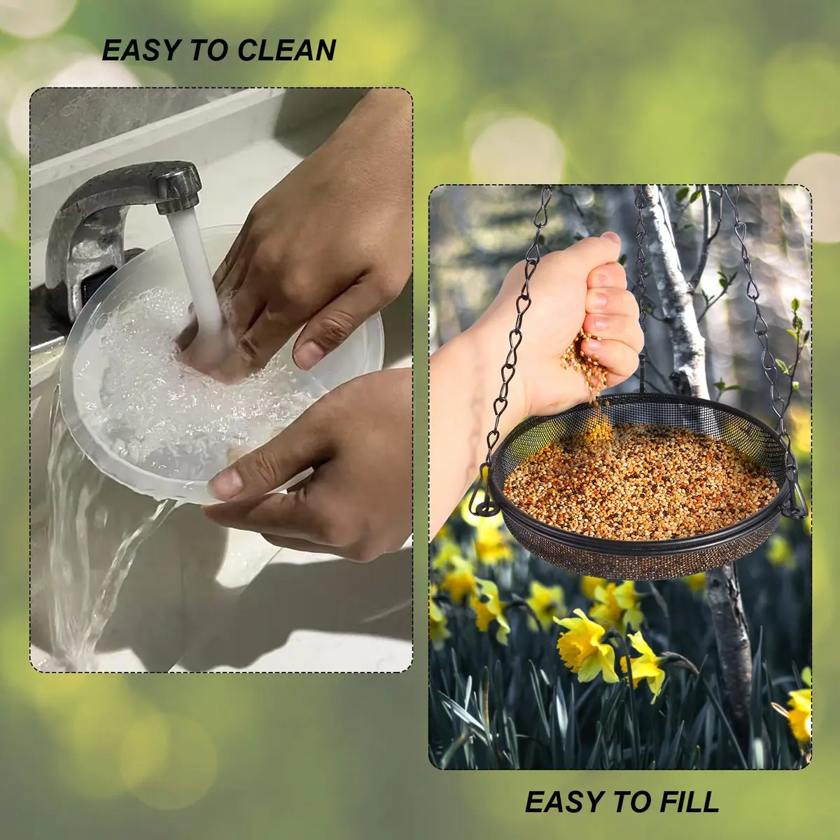 HRAYLTOP 2-in-1 Set Hanging Bird Feeder and Bath for Outdoor, Small Metal Tray | Durable Stainless Steel & Transparent Water Bowl - view 4