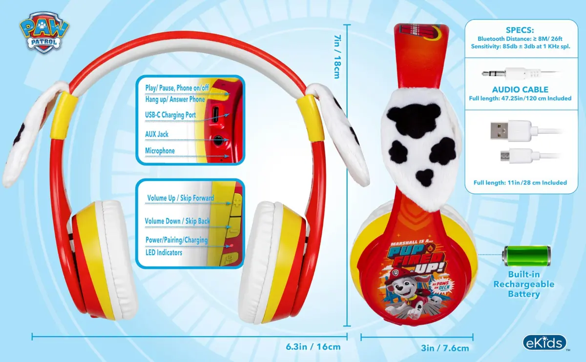 eKids Paw Patrol Marshall Bluetooth Headphones for Kids | Kid-Friendly Stereo Sound - view 6
