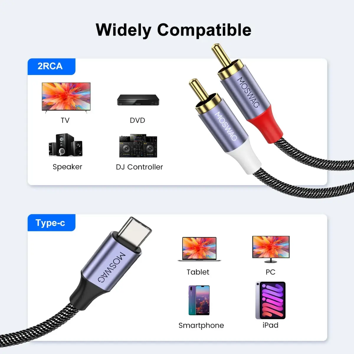 MOSWAG USB-C to 2RCA Audio Cable 3m (9.9ft) | Connects USB-C Devices to Speakers & Receivers - view 7