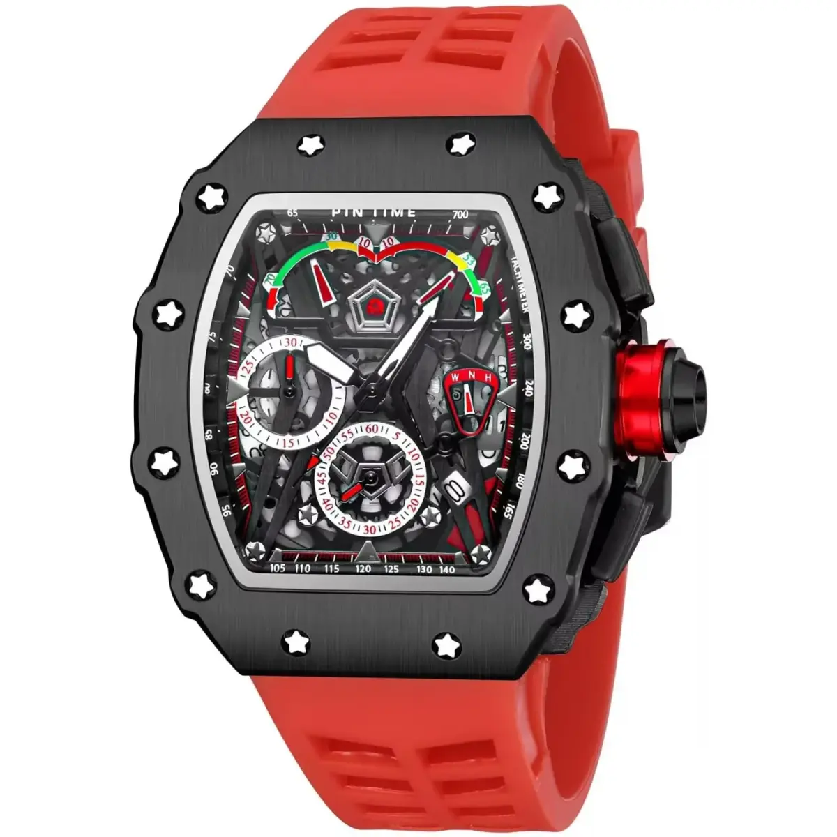 FANMIS Luxury Tonneau Square Watch for Men | Japanese Quartz Chronograph with Luminous Dial & Rubber Band (Black Red, 55mm Case) - main product image
