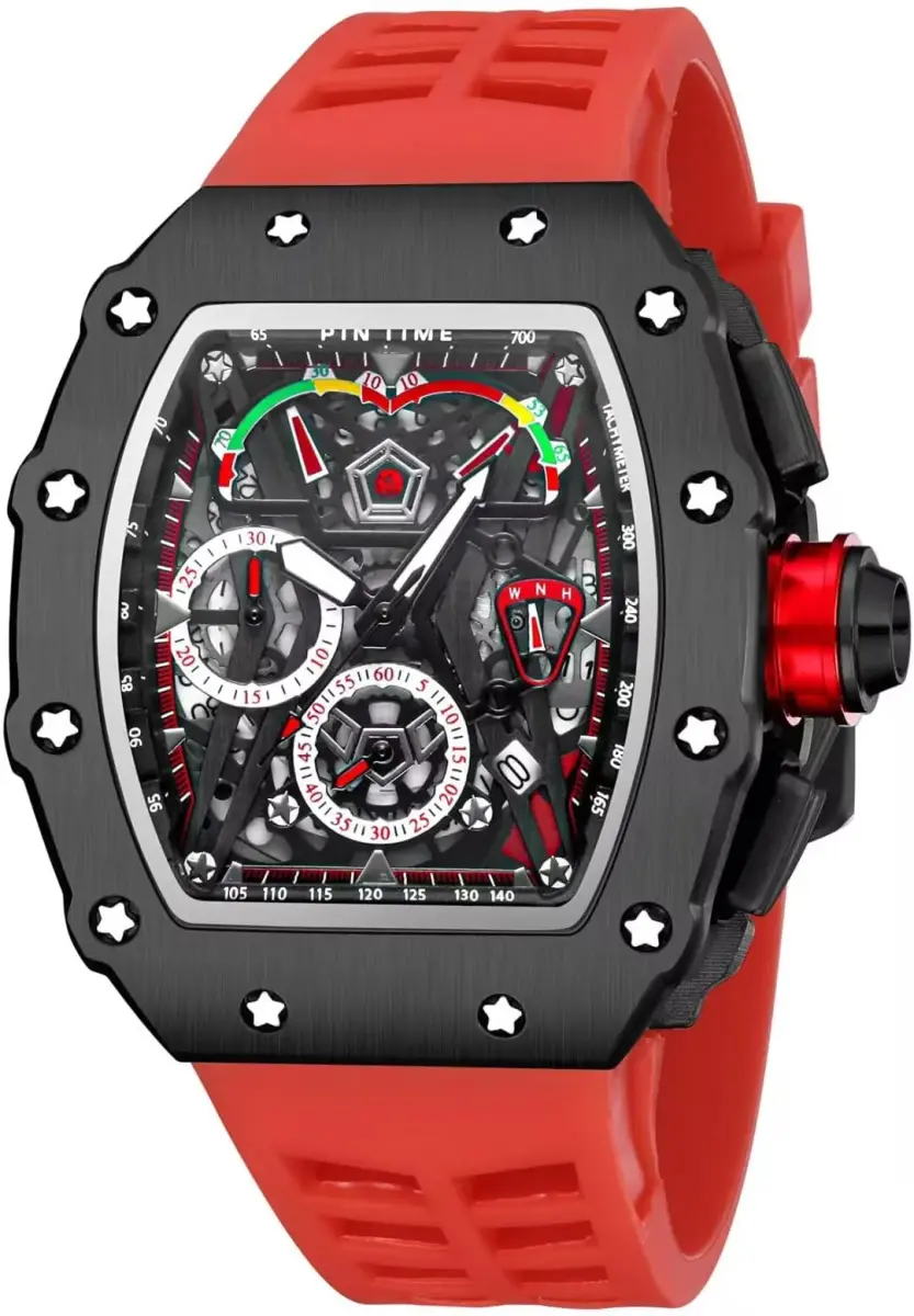 FANMIS Luxury Tonneau Square Watch for Men | Japanese Quartz Chronograph with Luminous Dial & Rubber Band (Black Red, 55mm Case) - main product image
