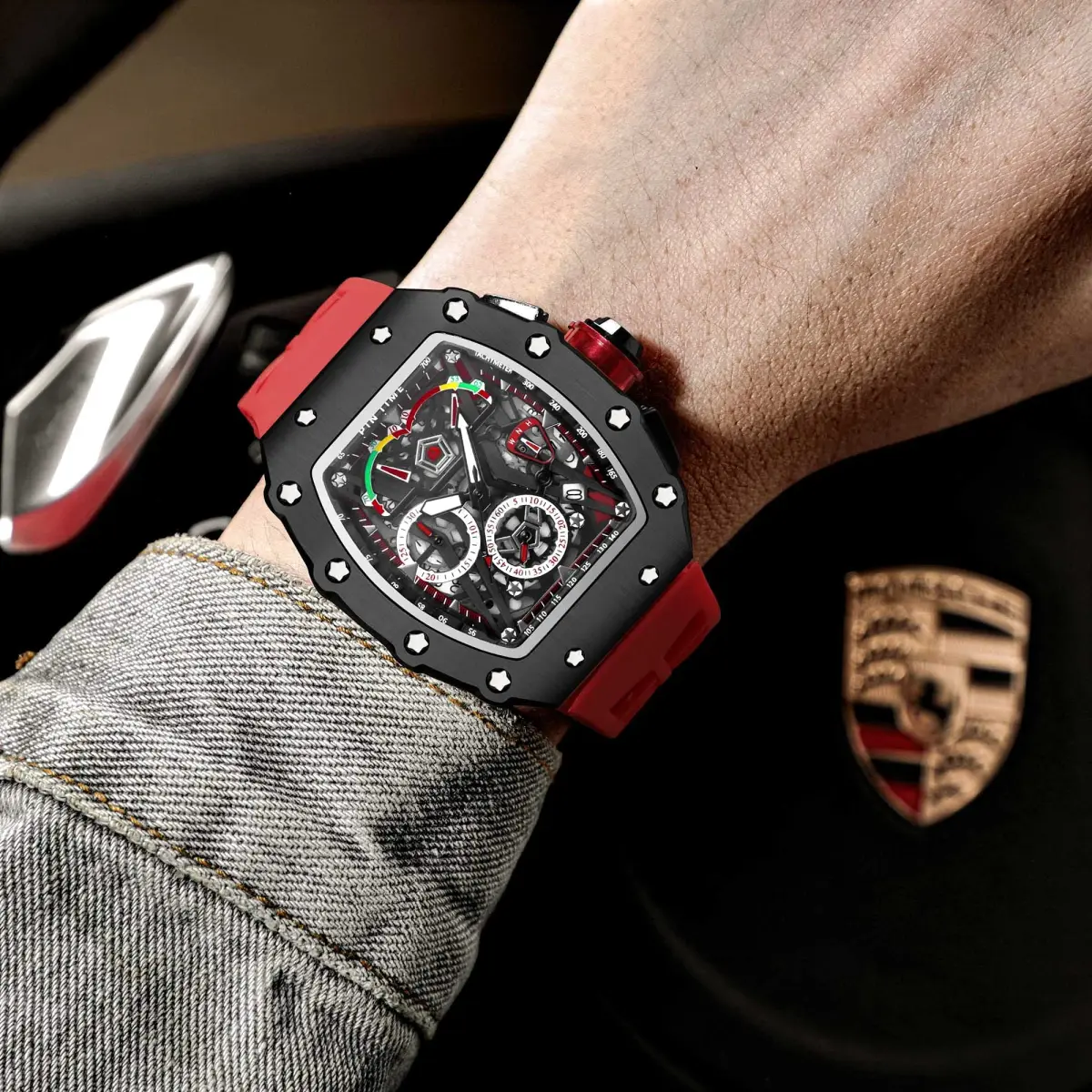 FANMIS Luxury Tonneau Square Watch for Men | Japanese Quartz Chronograph with Luminous Dial & Rubber Band (Black Red, 55mm Case) - view 5