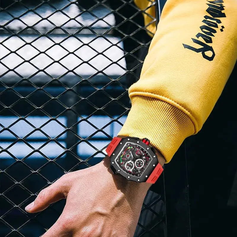 FANMIS Luxury Tonneau Square Watch for Men | Japanese Quartz Chronograph with Luminous Dial & Rubber Band (Black Red, 55mm Case) - view 6