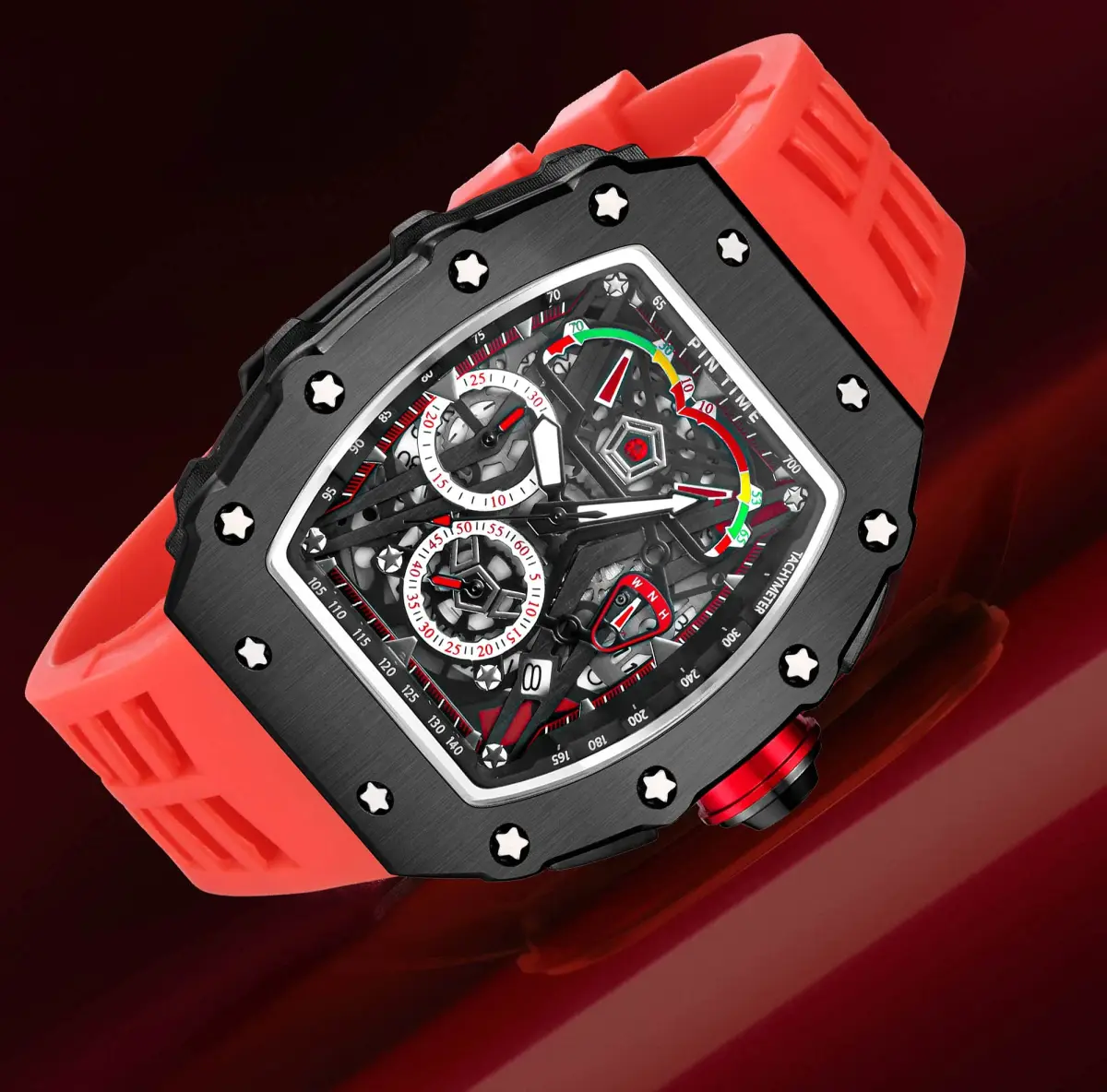 FANMIS Luxury Tonneau Square Watch for Men | Japanese Quartz Chronograph with Luminous Dial & Rubber Band (Black Red, 55mm Case) - view 7