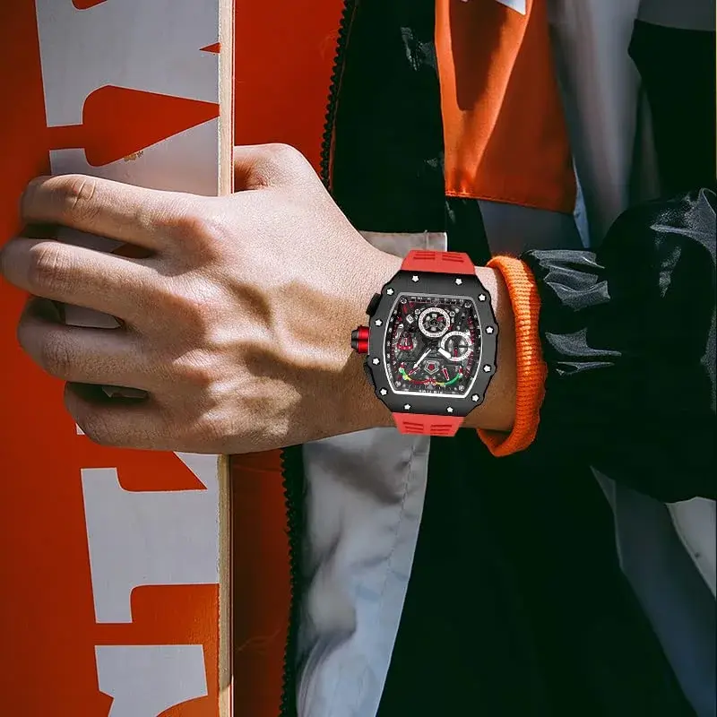 FANMIS Luxury Tonneau Square Watch for Men | Japanese Quartz Chronograph with Luminous Dial & Rubber Band (Black Red, 55mm Case) - view 4