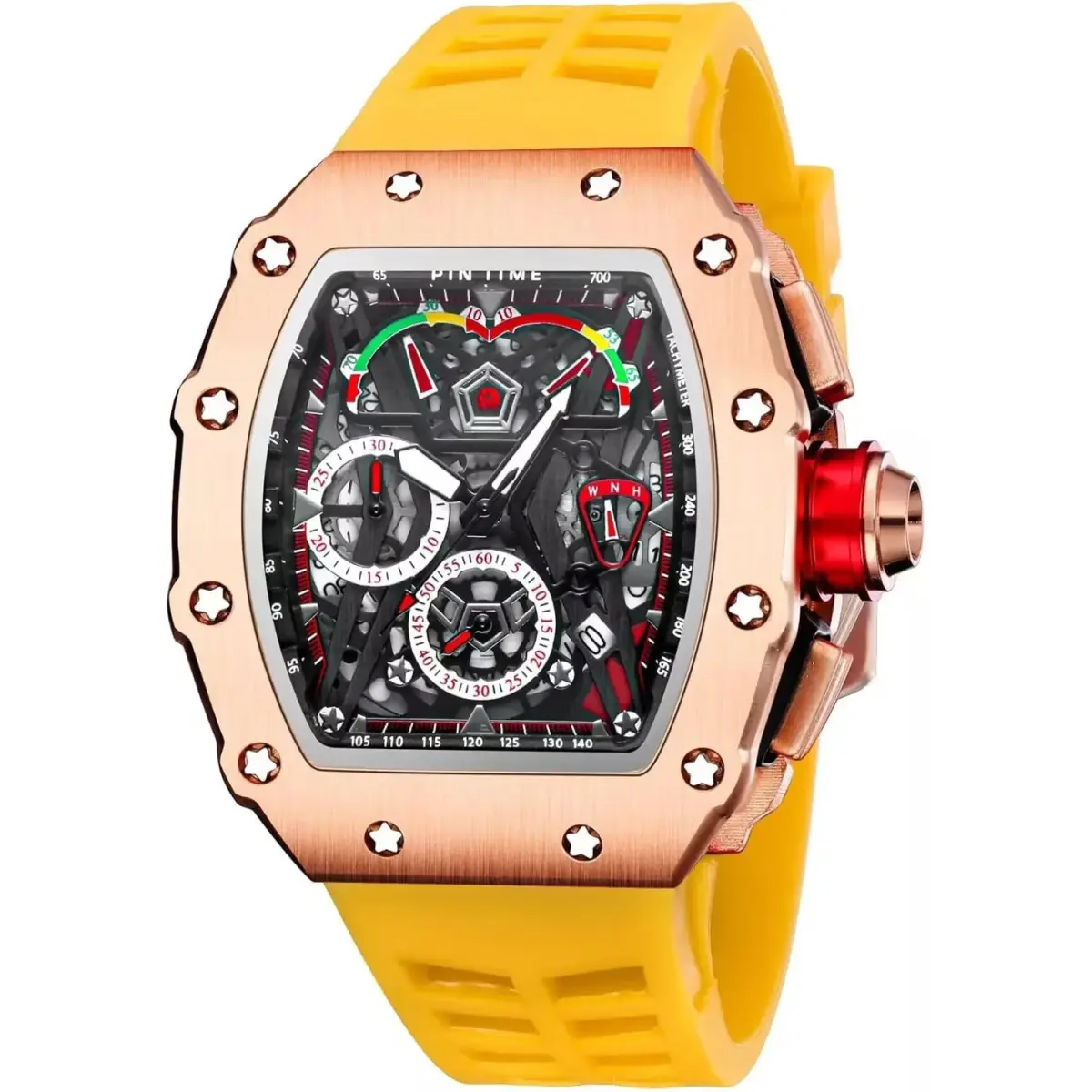 FANMIS Luxury Tonneau Square Watch for Men | Rosegold Yellow, Analog Chronograph with Rubber Band (4.5cm Case) - main product image