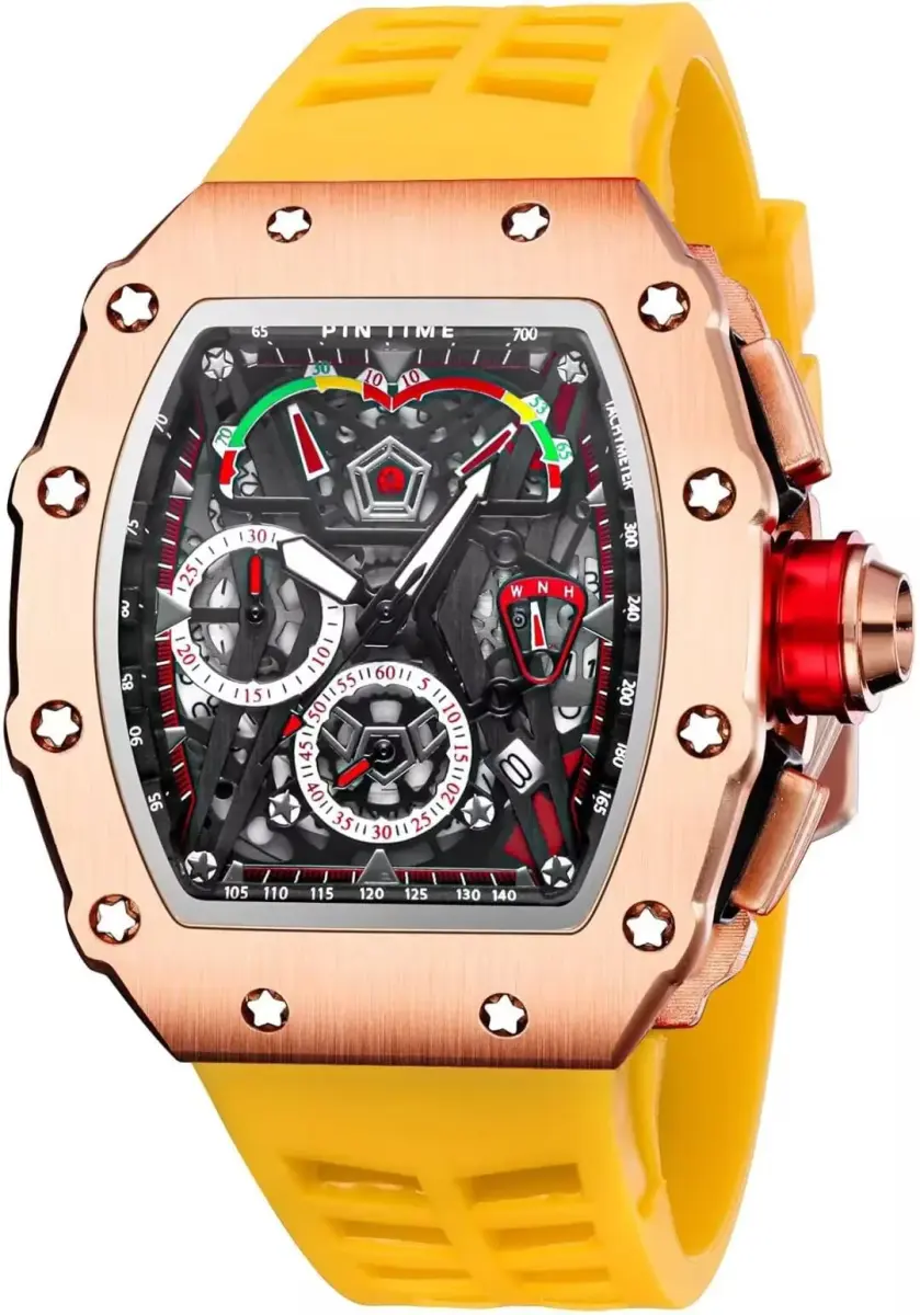 FANMIS Luxury Tonneau Square Watch for Men | Rosegold Yellow, Analog Chronograph with Rubber Band (4.5cm Case) - main product image