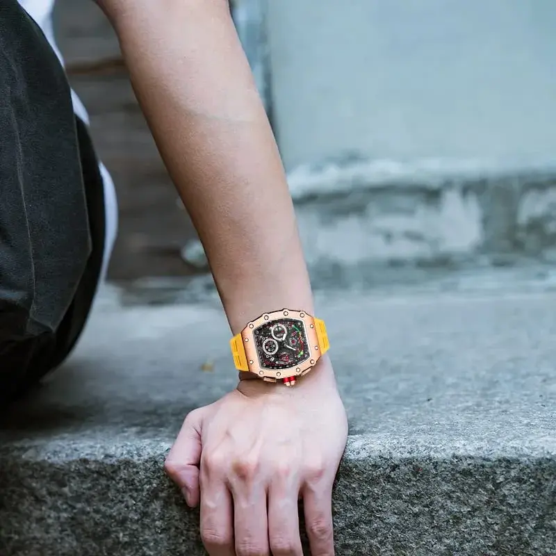 FANMIS Luxury Tonneau Square Watch for Men | Rosegold Yellow, Analog Chronograph with Rubber Band (4.5cm Case) - view 6