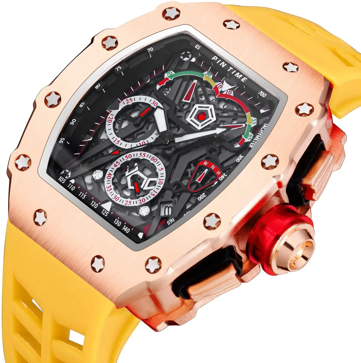 FANMIS Luxury Tonneau Square Watch for Men | Rosegold Yellow, Analog Chronograph with Rubber Band (4.5cm Case) - view 2