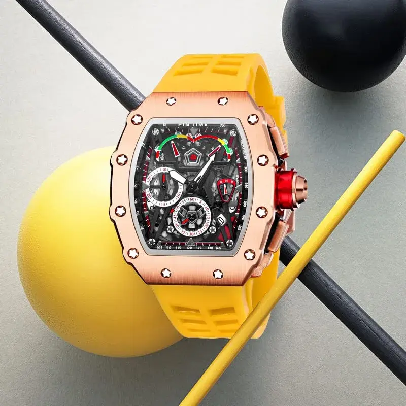 FANMIS Luxury Tonneau Square Watch for Men | Rosegold Yellow, Analog Chronograph with Rubber Band (4.5cm Case) - view 3