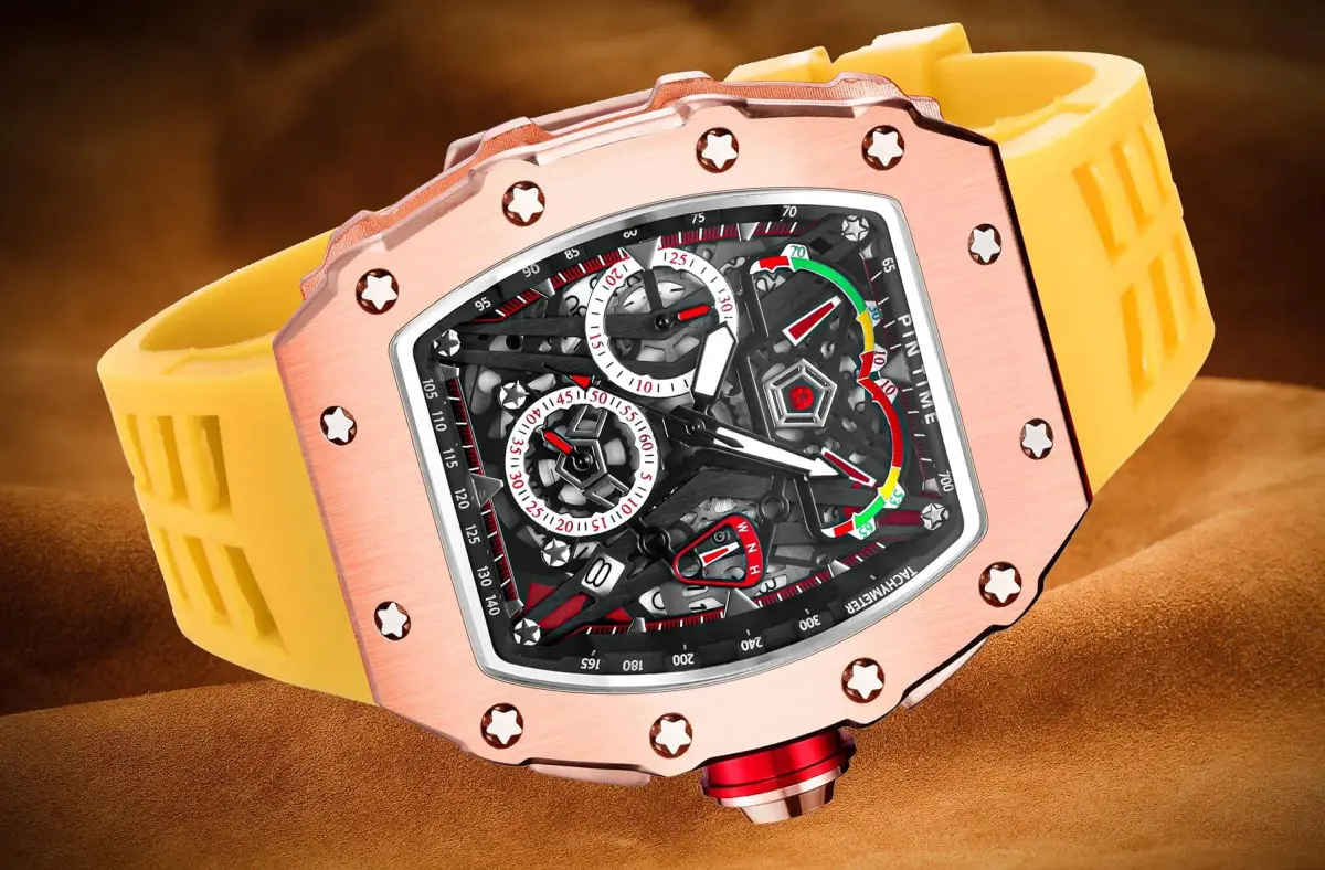 FANMIS Luxury Tonneau Square Watch for Men | Rosegold Yellow, Analog Chronograph with Rubber Band (4.5cm Case) - view 4