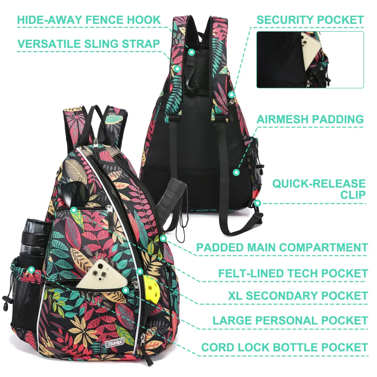 Sucipi Pickleball Bag for Men & Women,Convertible Backpack with Fence Hook | Large Capacity, Water-Resistant Nylon, 6 Paddle Slots - view 4