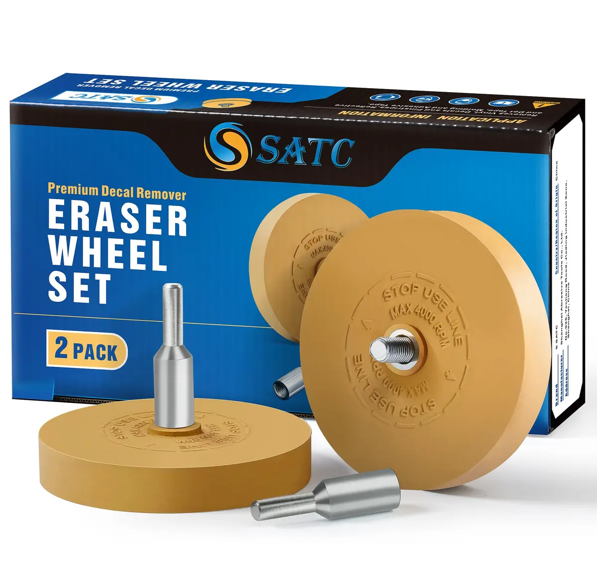S SATC Decal Remover Eraser Wheel 2-Pack with Drill Adapter Kit | Removes Vinyl, Pinstripes & Graphics - main product image