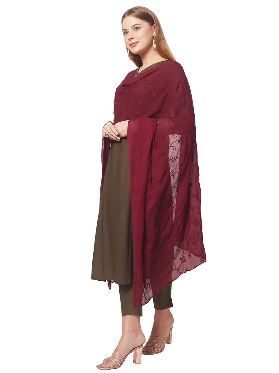 DUPATTA BAZAAR Women's Maroon Floral Embroidered Chiffon Dupatta 2.4m (8 ft) | Hand Wash Only - main product image