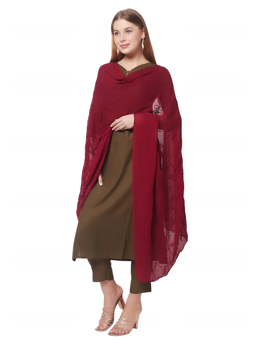 DUPATTA BAZAAR Women's Maroon Floral Embroidered Chiffon Dupatta 2.4m (8 ft) | Hand Wash Only - view 5