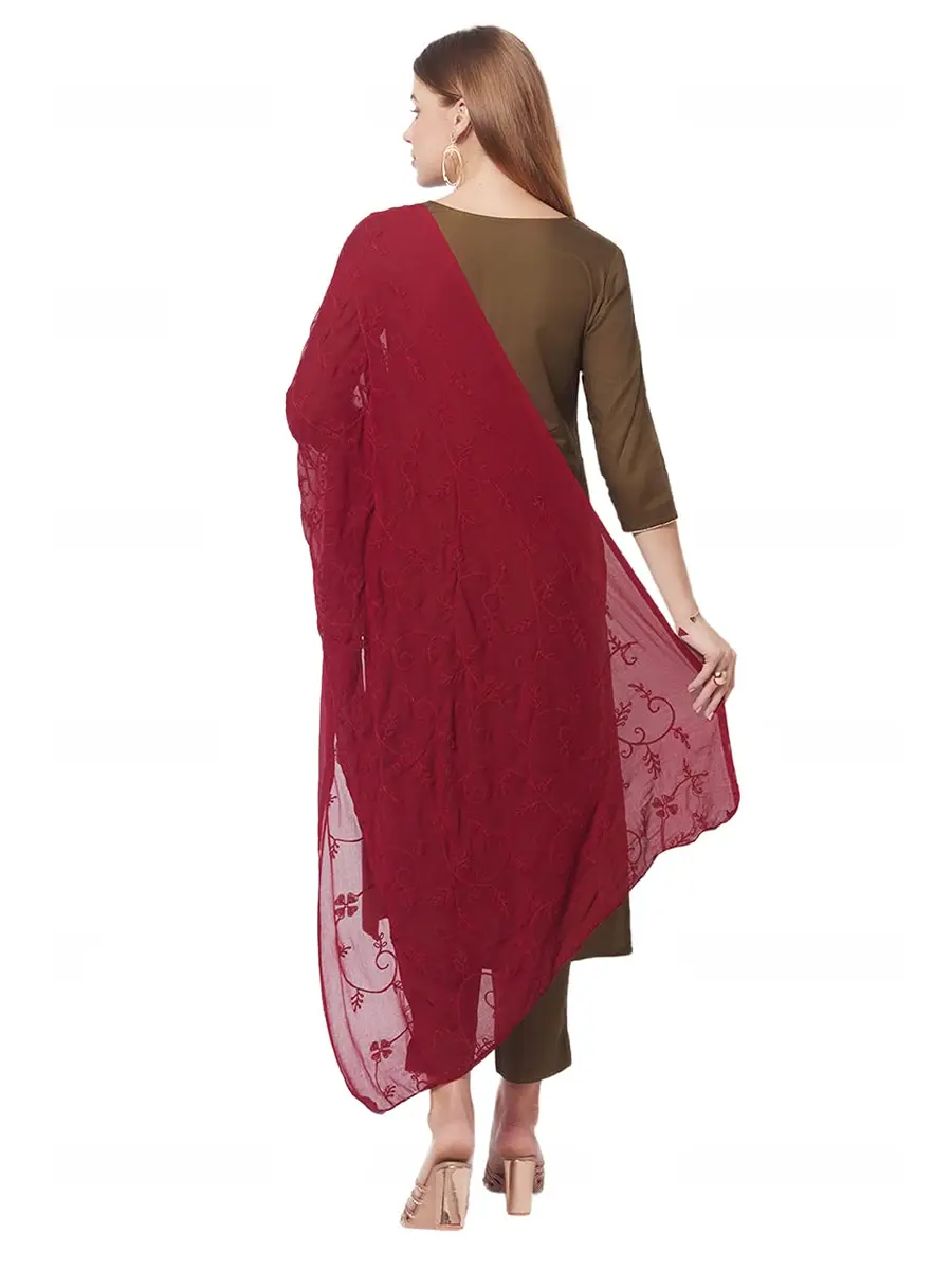 DUPATTA BAZAAR Women's Maroon Floral Embroidered Chiffon Dupatta 2.4m (8 ft) | Hand Wash Only - view 7
