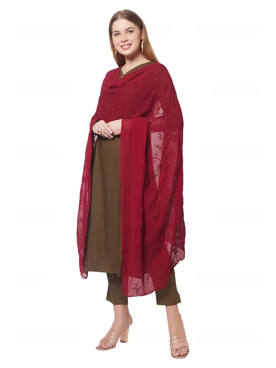 DUPATTA BAZAAR Women's Maroon Floral Embroidered Chiffon Dupatta 2.4m (8 ft) | Hand Wash Only - view 8
