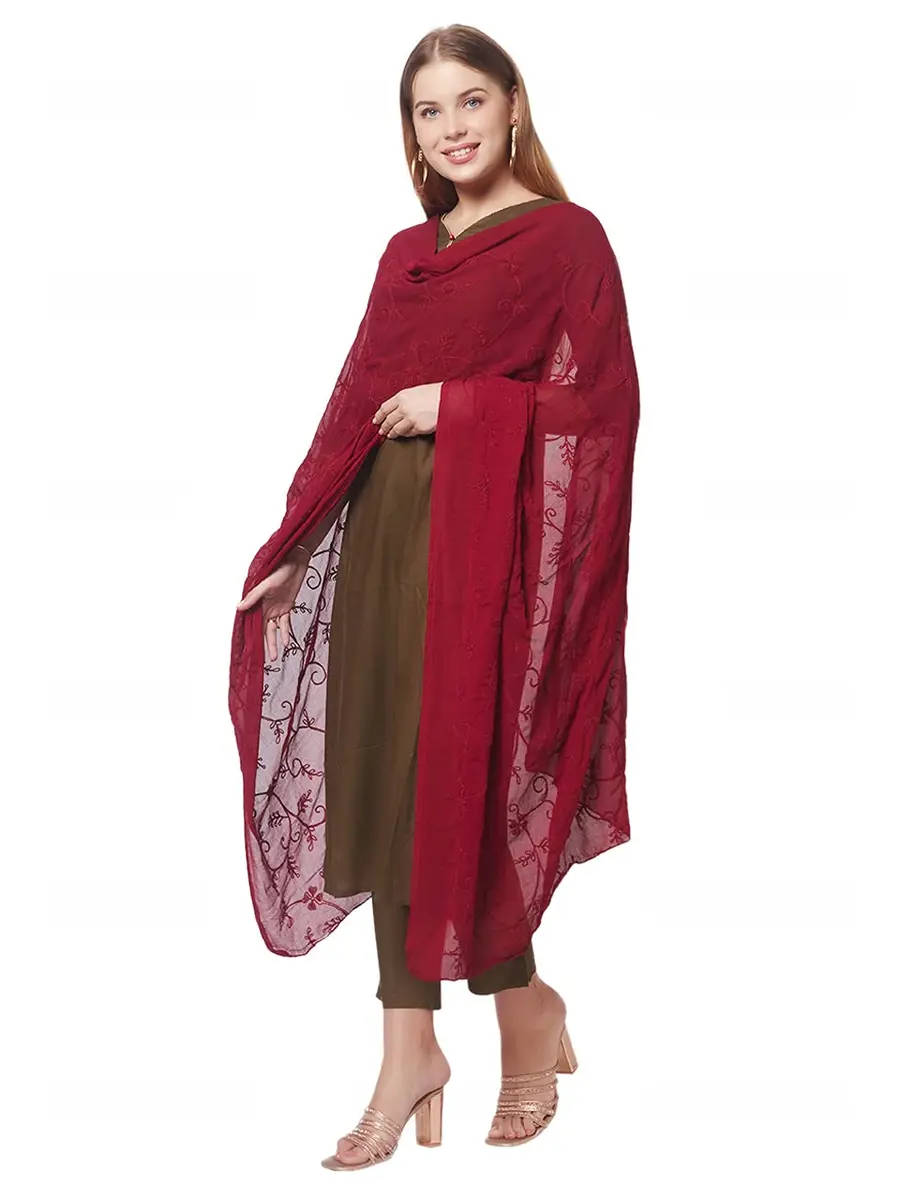DUPATTA BAZAAR Women's Maroon Floral Embroidered Chiffon Dupatta 2.4m (8 ft) | Hand Wash Only - view 9