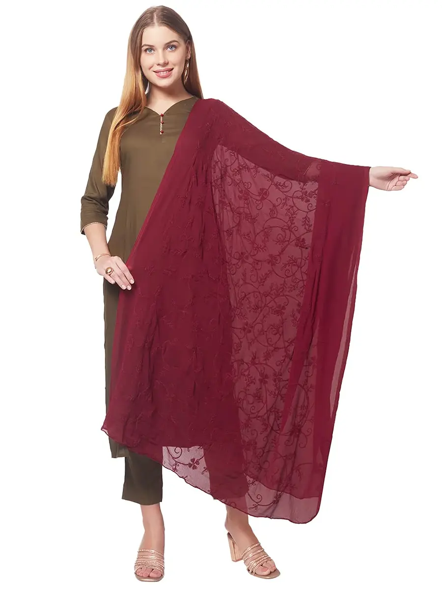DUPATTA BAZAAR Women's Maroon Floral Embroidered Chiffon Dupatta 2.4m (8 ft) | Hand Wash Only - view 3