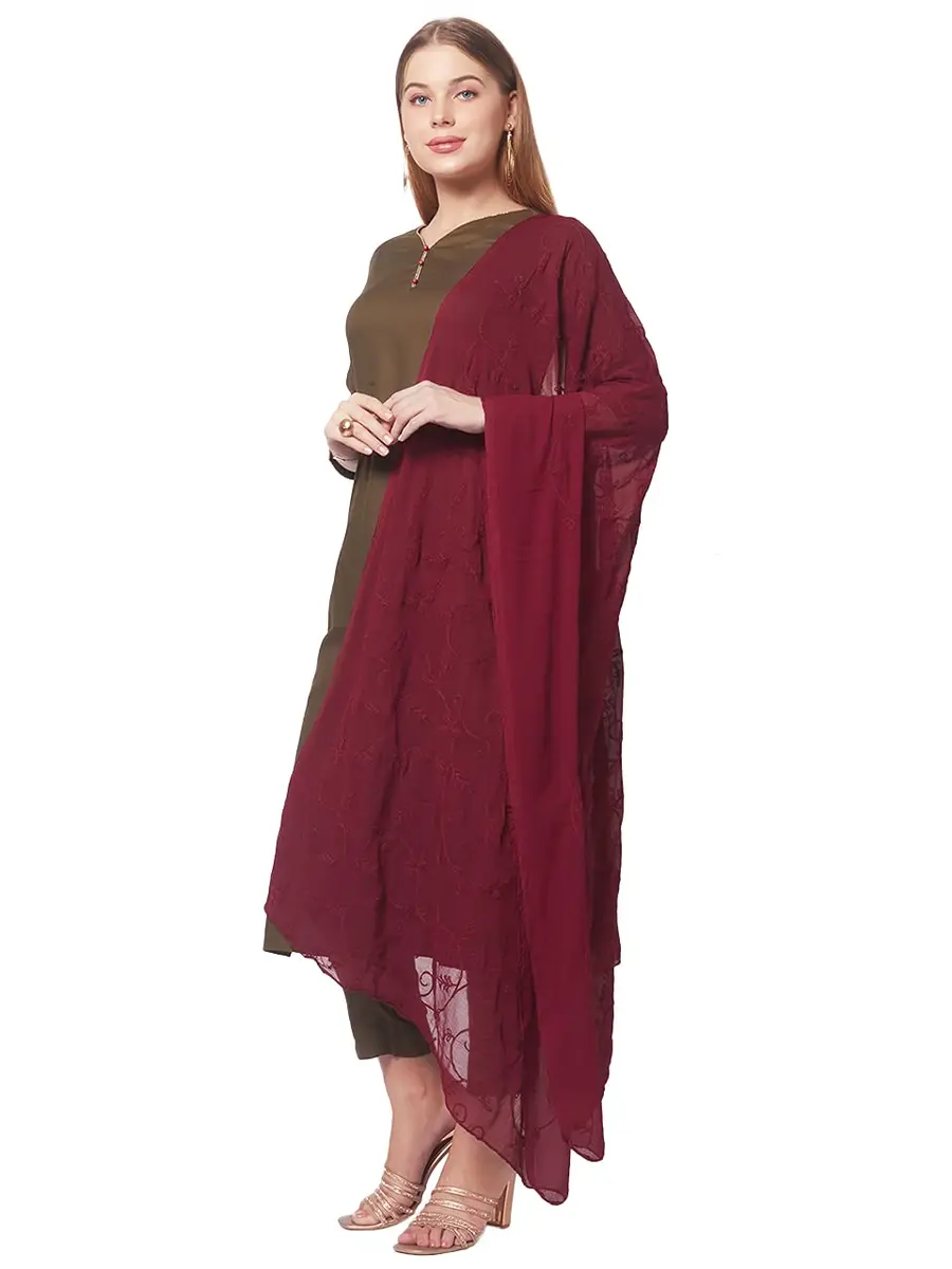 DUPATTA BAZAAR Women's Maroon Floral Embroidered Chiffon Dupatta 2.4m (8 ft) | Hand Wash Only - view 4