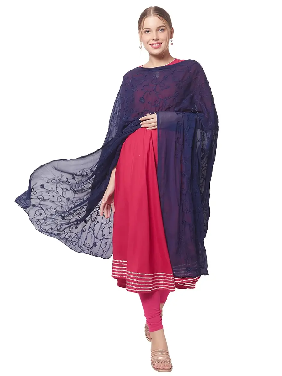 DUPATTA BAZAAR Women's Navy Blue Floral Embroidered Chiffon Dupatta | Soft & Elegant with Self-Coloured Embroidery - main product image