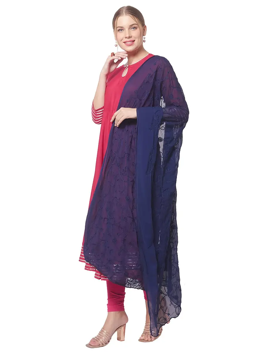 DUPATTA BAZAAR Women's Navy Blue Floral Embroidered Chiffon Dupatta | Soft & Elegant with Self-Coloured Embroidery - view 6