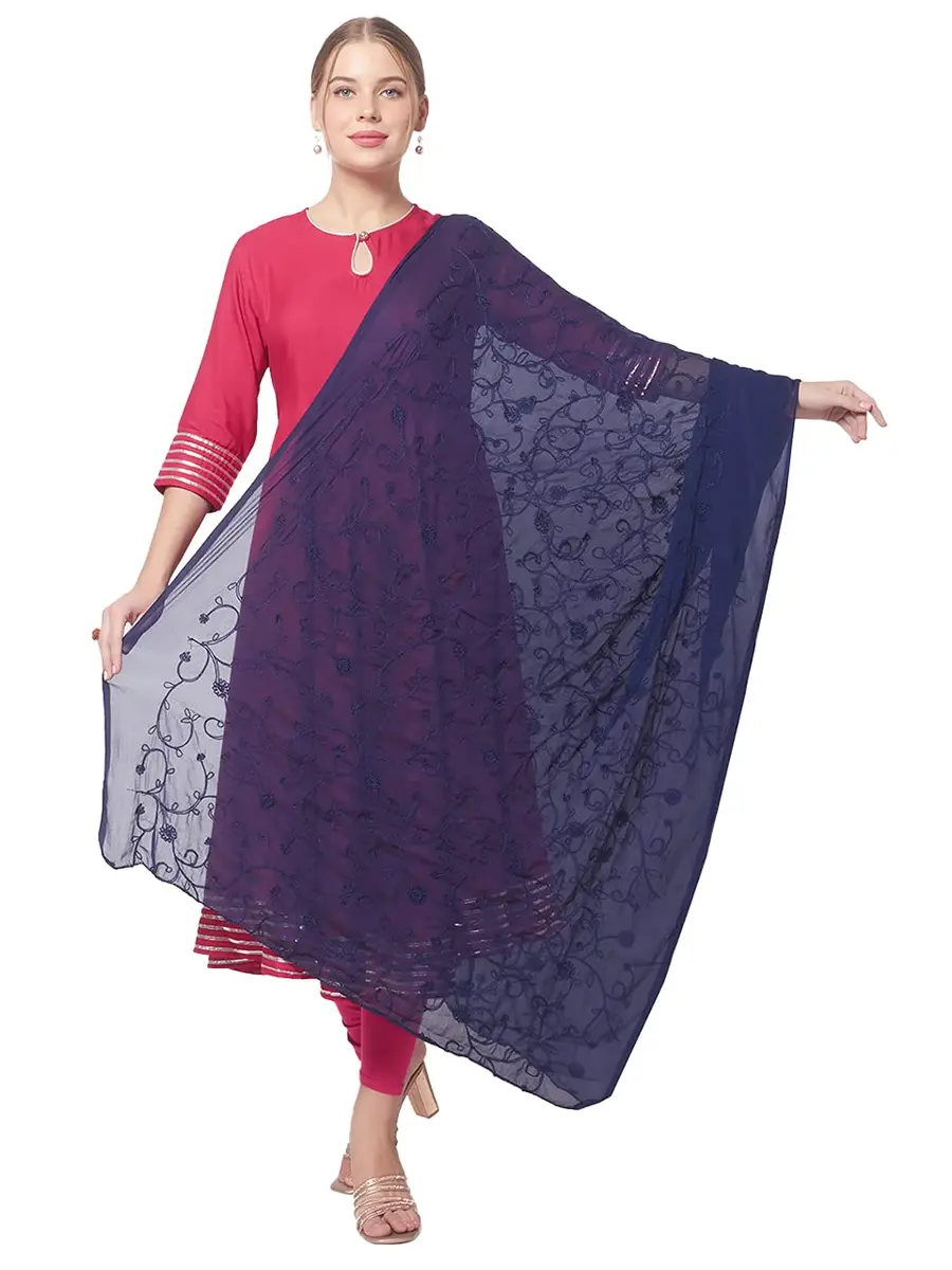 DUPATTA BAZAAR Women's Navy Blue Floral Embroidered Chiffon Dupatta | Soft & Elegant with Self-Coloured Embroidery - view 3