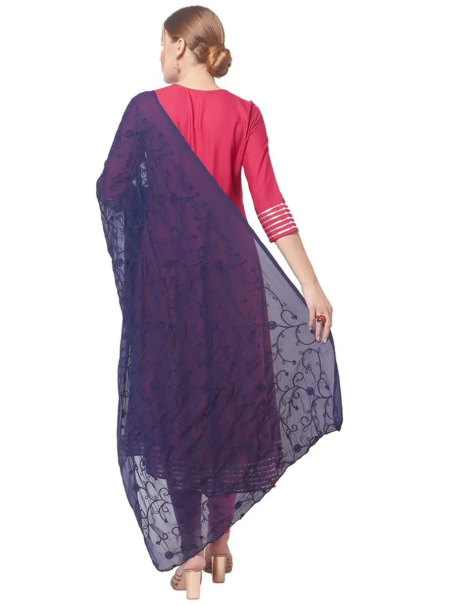 DUPATTA BAZAAR Women's Navy Blue Floral Embroidered Chiffon Dupatta | Soft & Elegant with Self-Coloured Embroidery - view 4