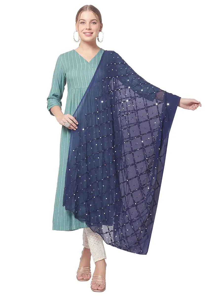 DUPATTA BAZAAR Women's Navy Blue Mirror Work & Embroidered Chiffon Dupatta | Elegant Festive Accessory - main product image