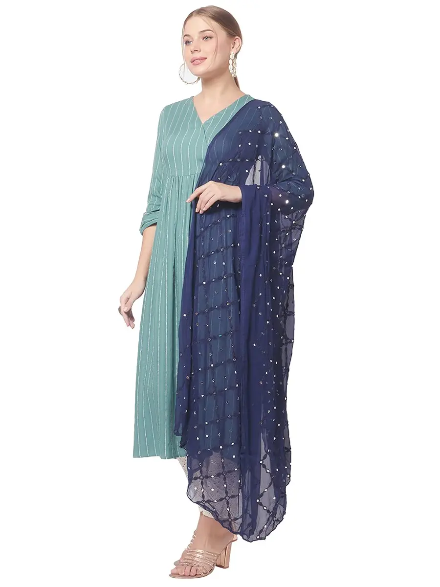 DUPATTA BAZAAR Women's Navy Blue Mirror Work & Embroidered Chiffon Dupatta | Elegant Festive Accessory - view 2