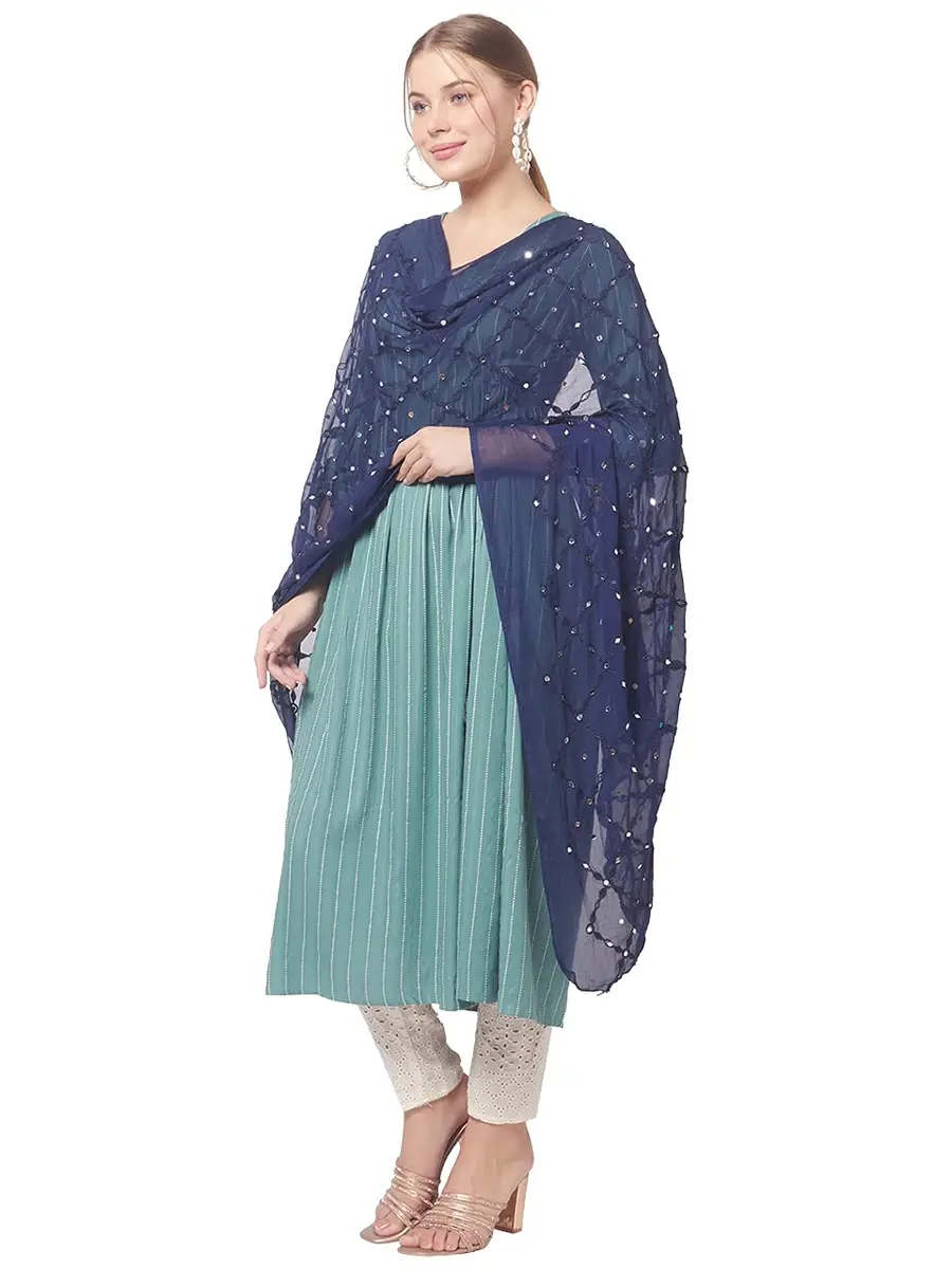DUPATTA BAZAAR Women's Navy Blue Mirror Work & Embroidered Chiffon Dupatta | Elegant Festive Accessory - view 3