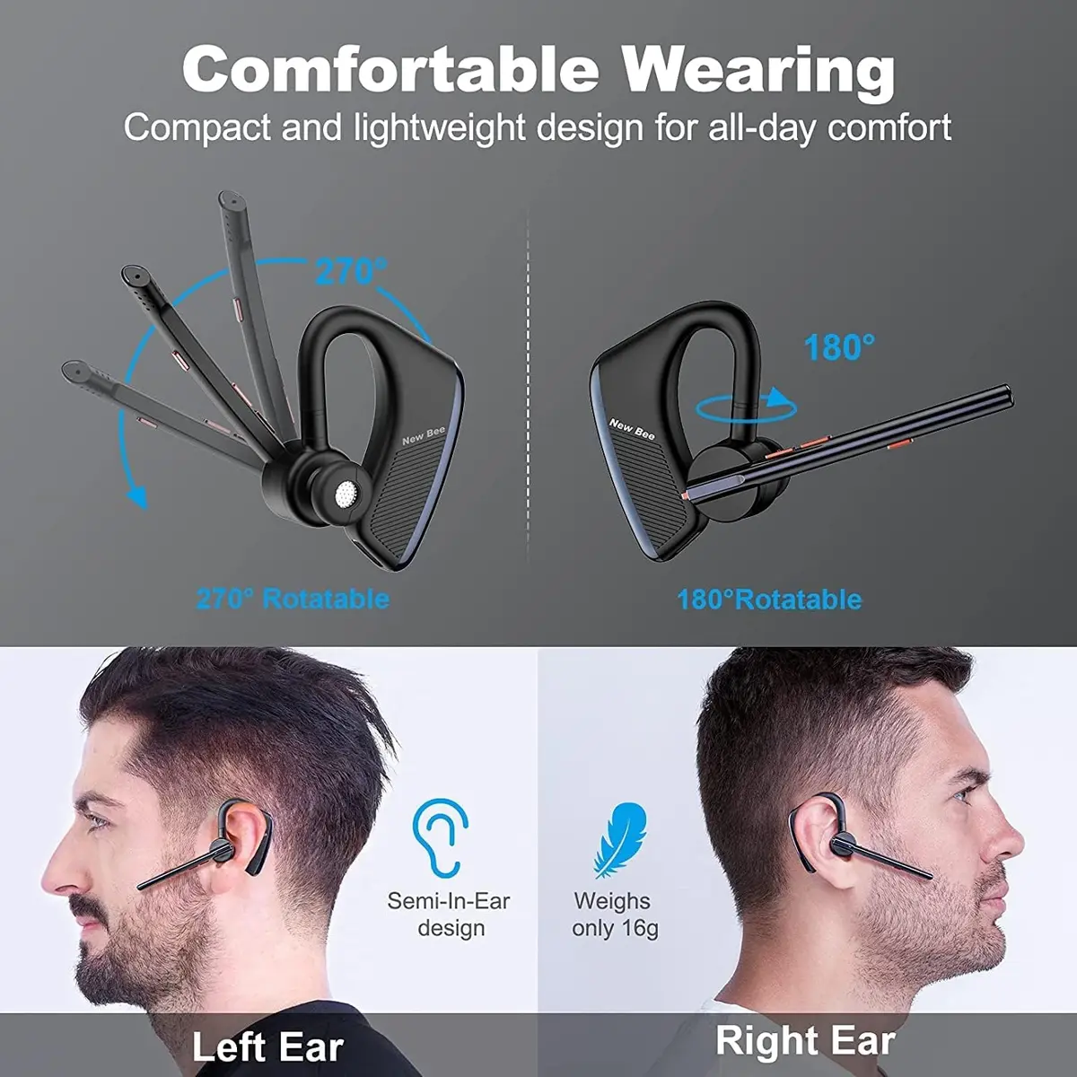 New Bee Bluetooth Headset M50 Wireless Earphone 24Hrs Talktime Blue | Noise Cancelling & Long Battery - view 5