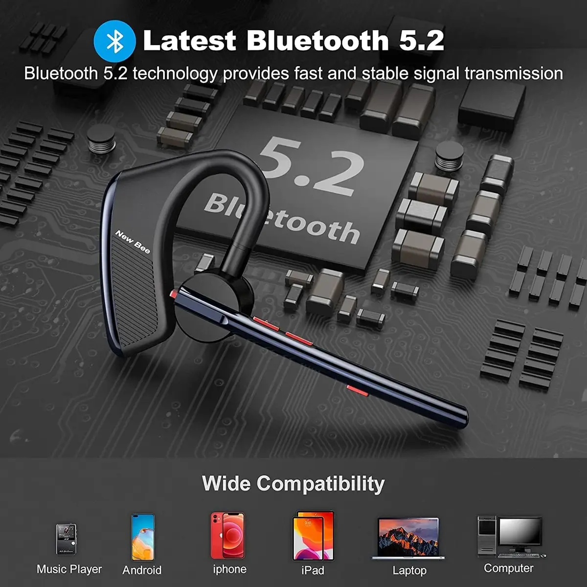 New Bee Bluetooth Headset M50 Wireless Earphone 24Hrs Talktime Blue | Noise Cancelling & Long Battery - view 6