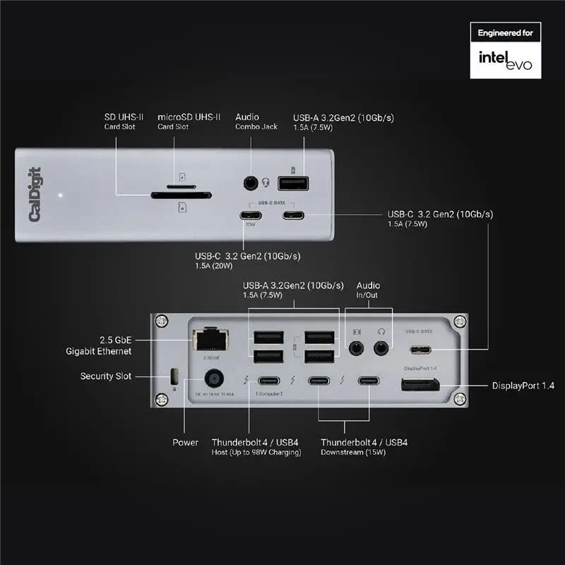 CalDigit TS4 Thunderbolt 4 Dock 18 Ports | 98W Charging, Dual 6K Displays, 2.5GbE LAN, Space Gray, 0.8m Certified Cable - view 3