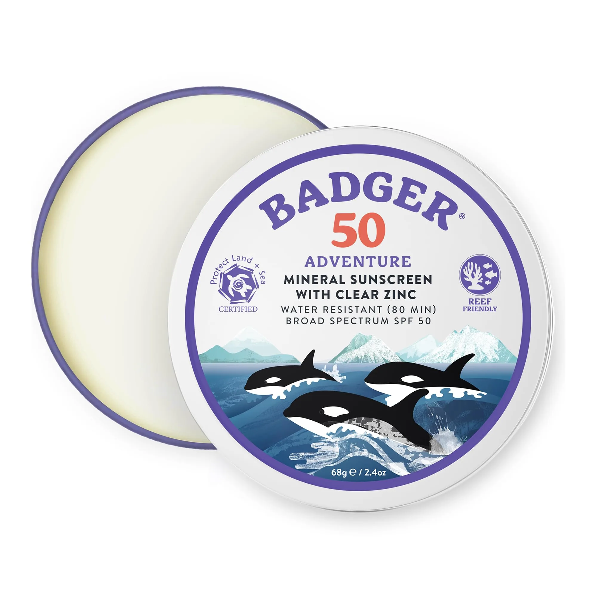 Badger Reef Safe Mineral Sunscreen SPF 50, 98% Organic, 2.4 oz Tin | Adventure, Travel & Sport Sunblock - main product image