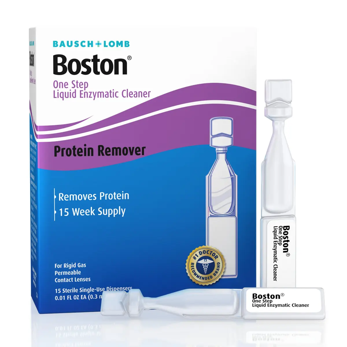 Boston One Step Liquid Enzymatic Cleaner RGP Lens, 15 Count | Protein Deposit Removal for Rigid Gas Permeable Lenses - main product image