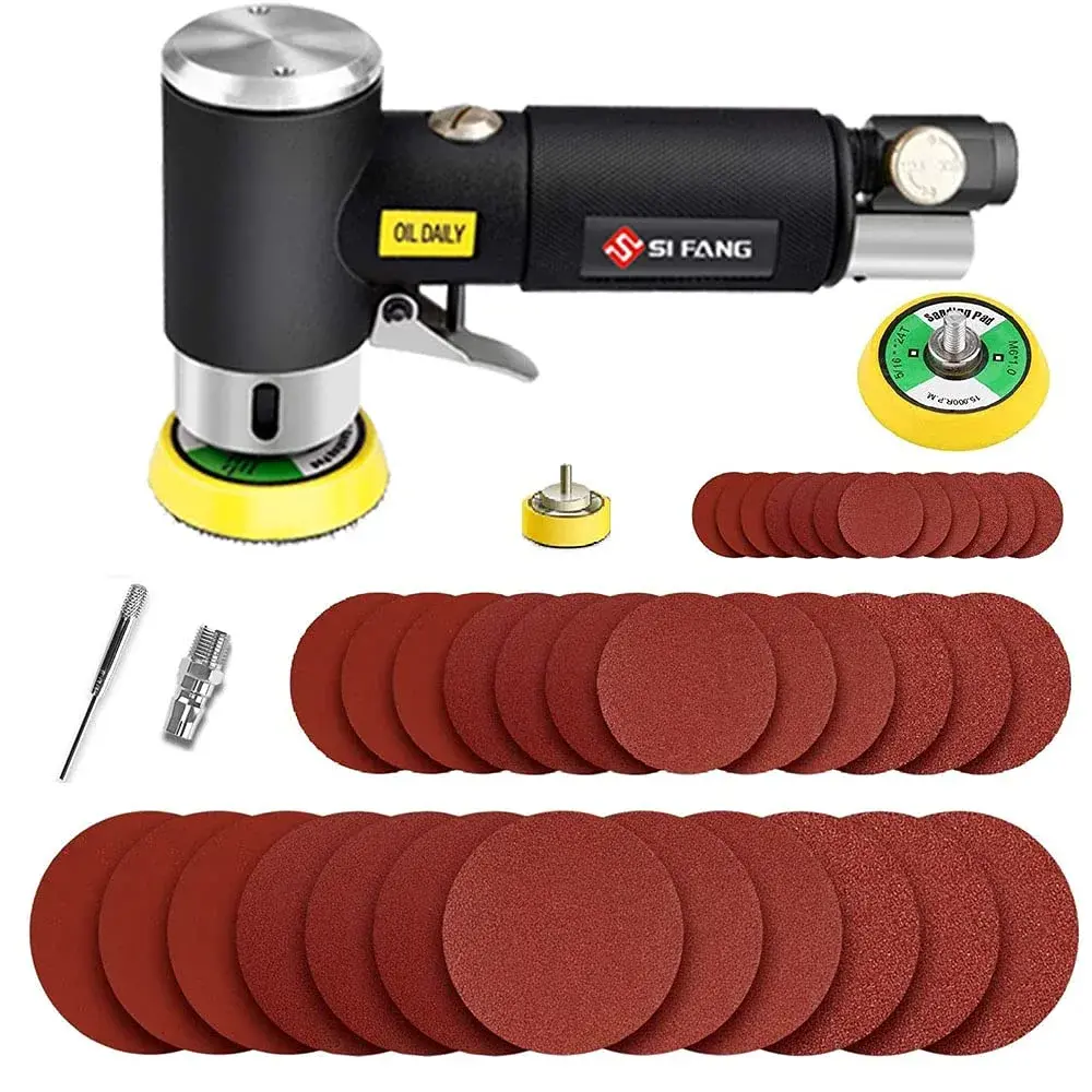 SI FANG Mini Air Sander 1" 2" 3" Pneumatic Random Orbital Polisher Kit | 15000 RPM Dual Action Air Sander with 51PCS Sanding Discs & Pads - main product image