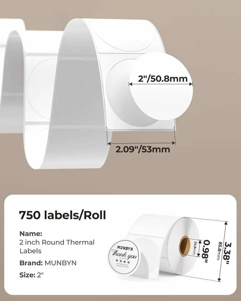 MUNBYN 2 Inch Circle Thermal Labels 750 Sheets/Roll | Direct Thermal Printing Labels - view 2