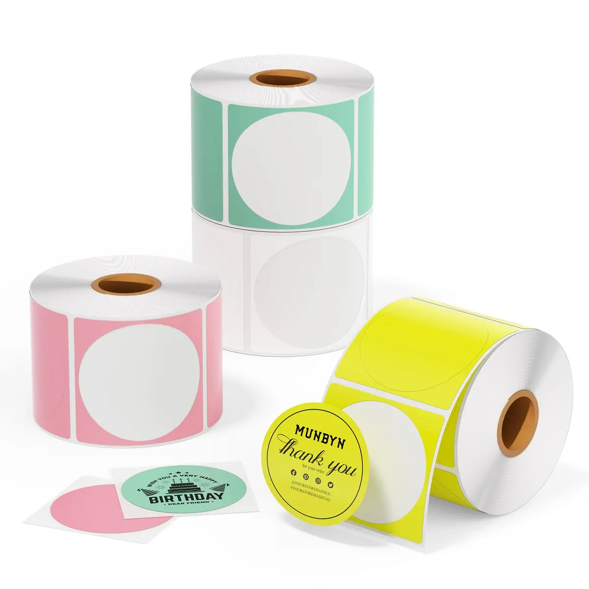 MUNBYN 2 Inch Round Thermal Labels, White Pink Green Yellow, 3000 Sheets/4 Rolls | Direct Thermal Printing for DIY & Business - main product image