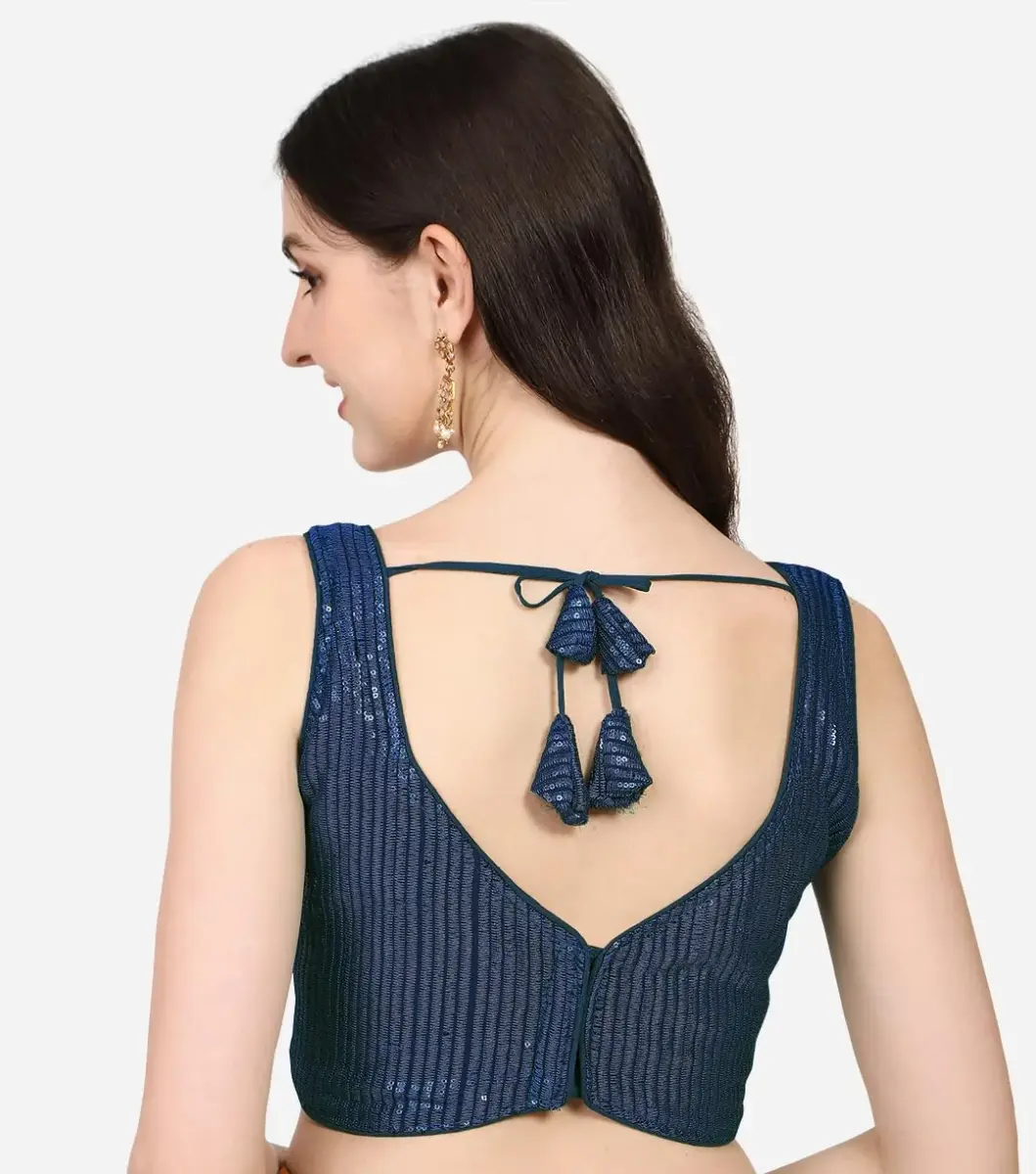 Vihu Fashion Navy Blue Georgette Ruched Sweetheart Neckline Saree Blouse 38 (96.5cm) | Adjustable Fit for Indian Occasions - view 2