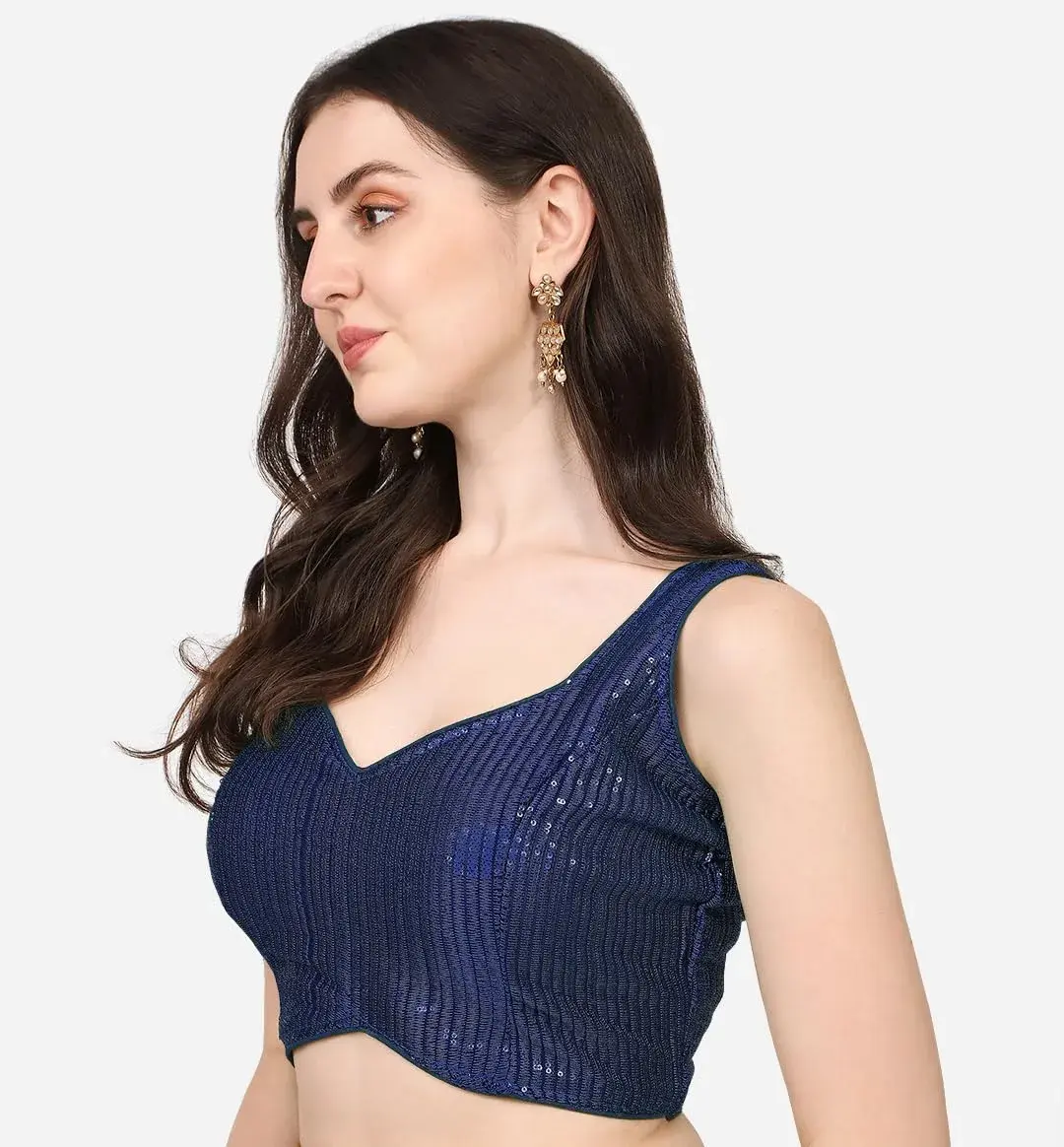 Vihu Fashion Navy Blue Georgette Ruched Sweetheart Neckline Saree Blouse 38 (96.5cm) | Adjustable Fit for Indian Occasions - view 3
