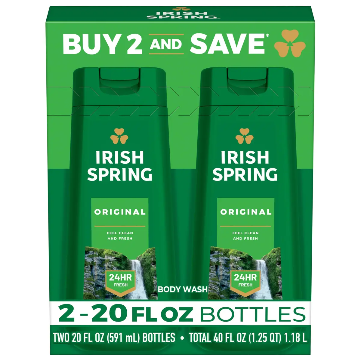 Irish Spring Original Body Wash, Cool Fresh Scent, 20 fl oz (2 Pack) | Long-Lasting Freshness & Moisturizing - main product image