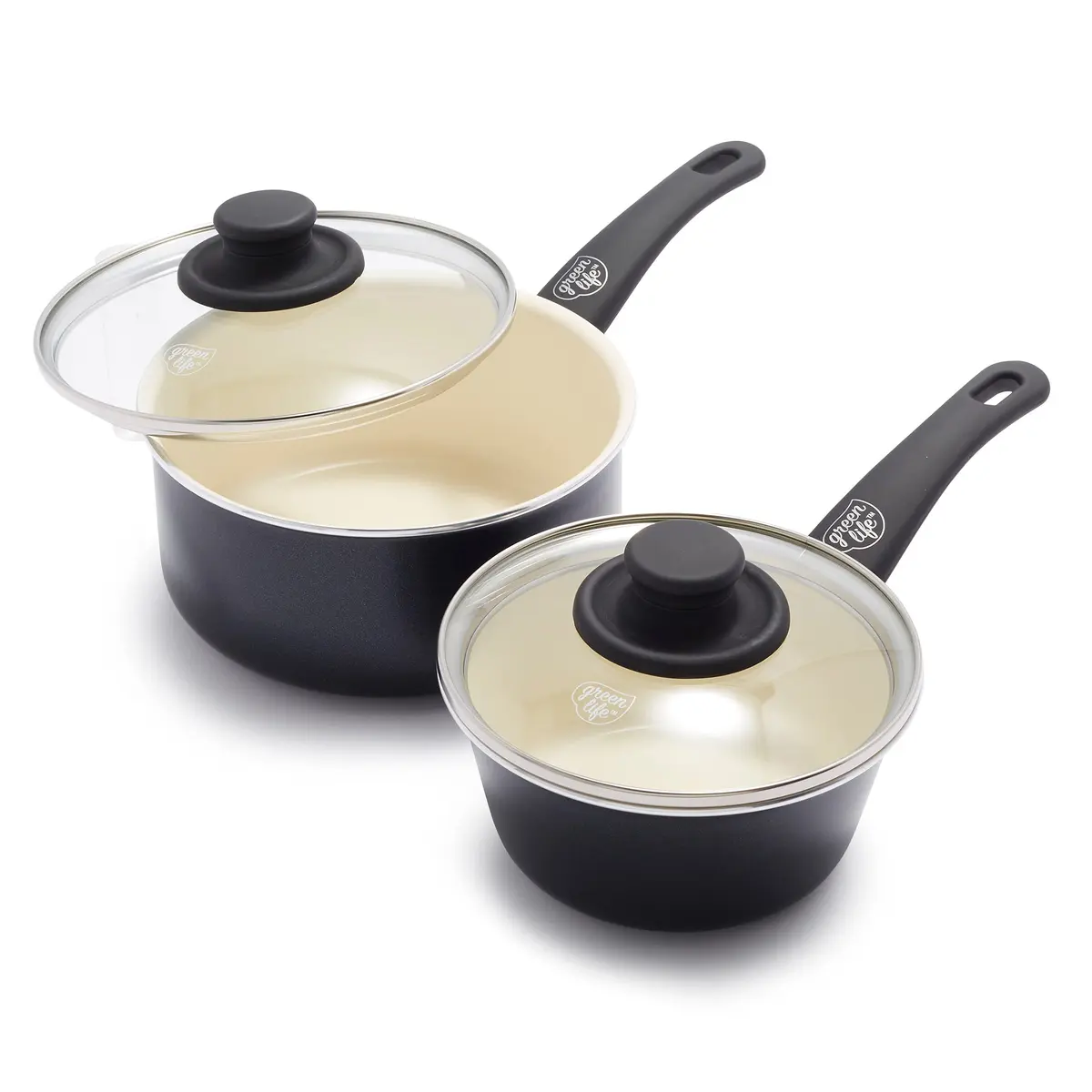 GreenLife Soft Grip 1QT & 2QT Saucepan Set | Healthy Ceramic Nonstick, Toxin-Free, Dishwasher Safe, Glass Lids, Stay-Cool Handles - main product image