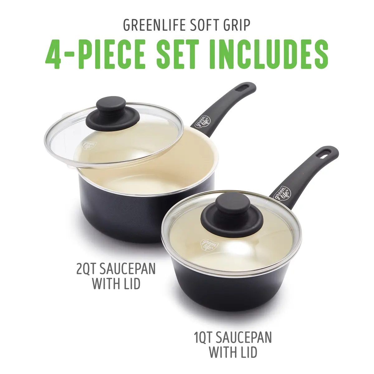 GreenLife Soft Grip 1QT & 2QT Saucepan Set | Healthy Ceramic Nonstick, Toxin-Free, Dishwasher Safe, Glass Lids, Stay-Cool Handles - view 2