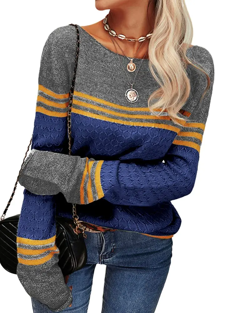 Danedvi Womens Fall Fashion 2026 Sweaters Colorblock Lightweight Striped Crewneck Winter Trendy Pullover Tops | Casual Autumn Winter Style - view 3