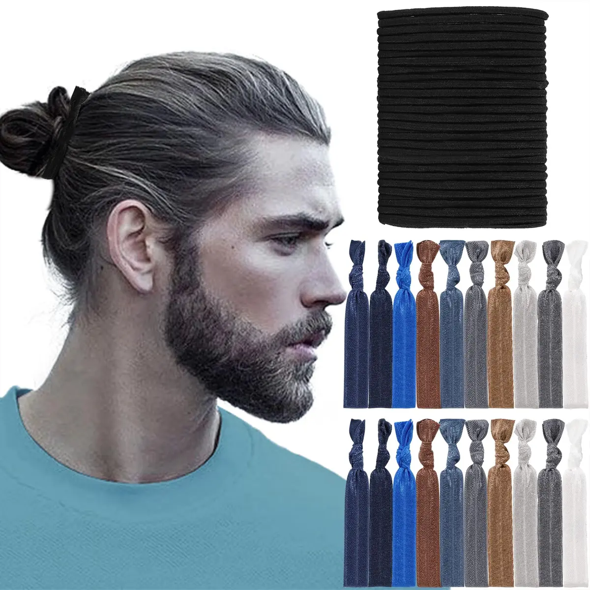 79STYLE Men's Fabric Hair Ties (60-Pack) | No-Damage Knotted Ponytail Holders for Long Hair - main product image