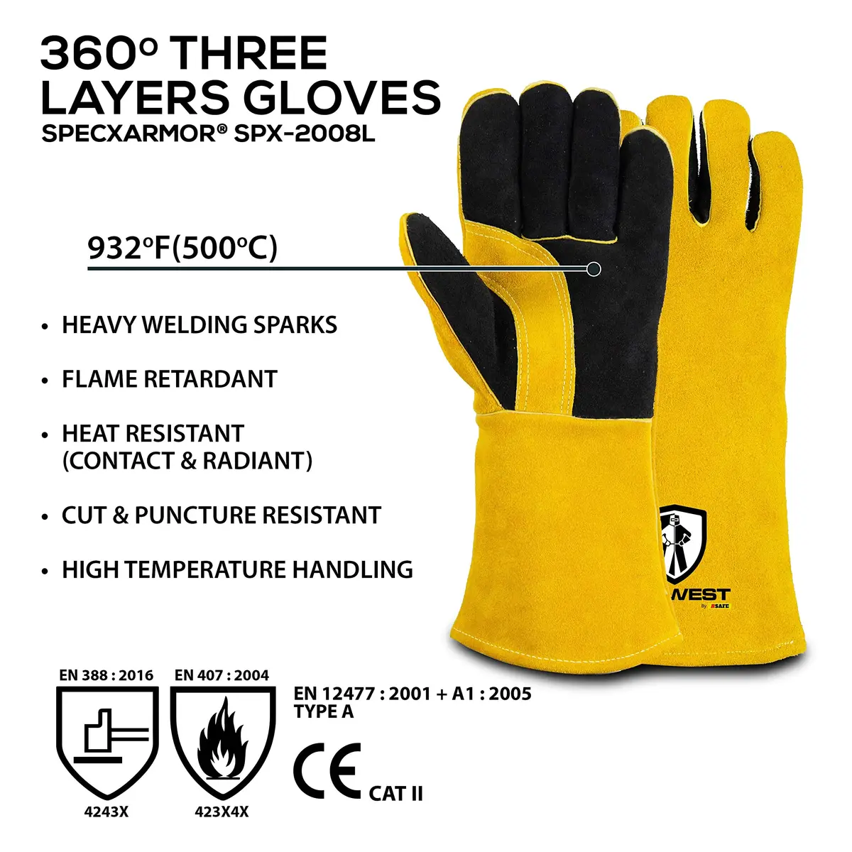 SpecxArmor SPX-2008L Welding Glove Large | Heat & Flame Resistant 932°F, Kevlar Stitching - view 3